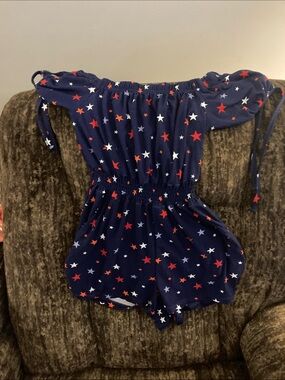Girls' Navy Star Print Off-Shoulder Romper with Tie Sleeves